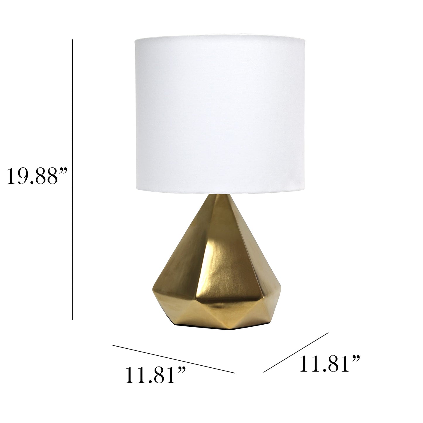 Simple Designs Geometric Ceramic Table Lamp, 11.81inL x 11.81inW x 19.88inH, Gold, Model LT2079-GLD, White Fabric Shade