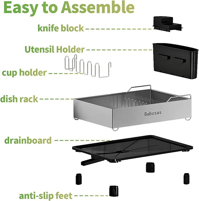 Dish Drying Rack,Large Capcity 304 Stainless Steel Dish Rack for Kitchen Counter,Dish Drainer with Drainboard Set and Utensil Holder & Detachable Cup Shelf,Rustproof Multifunctional Organizer Black