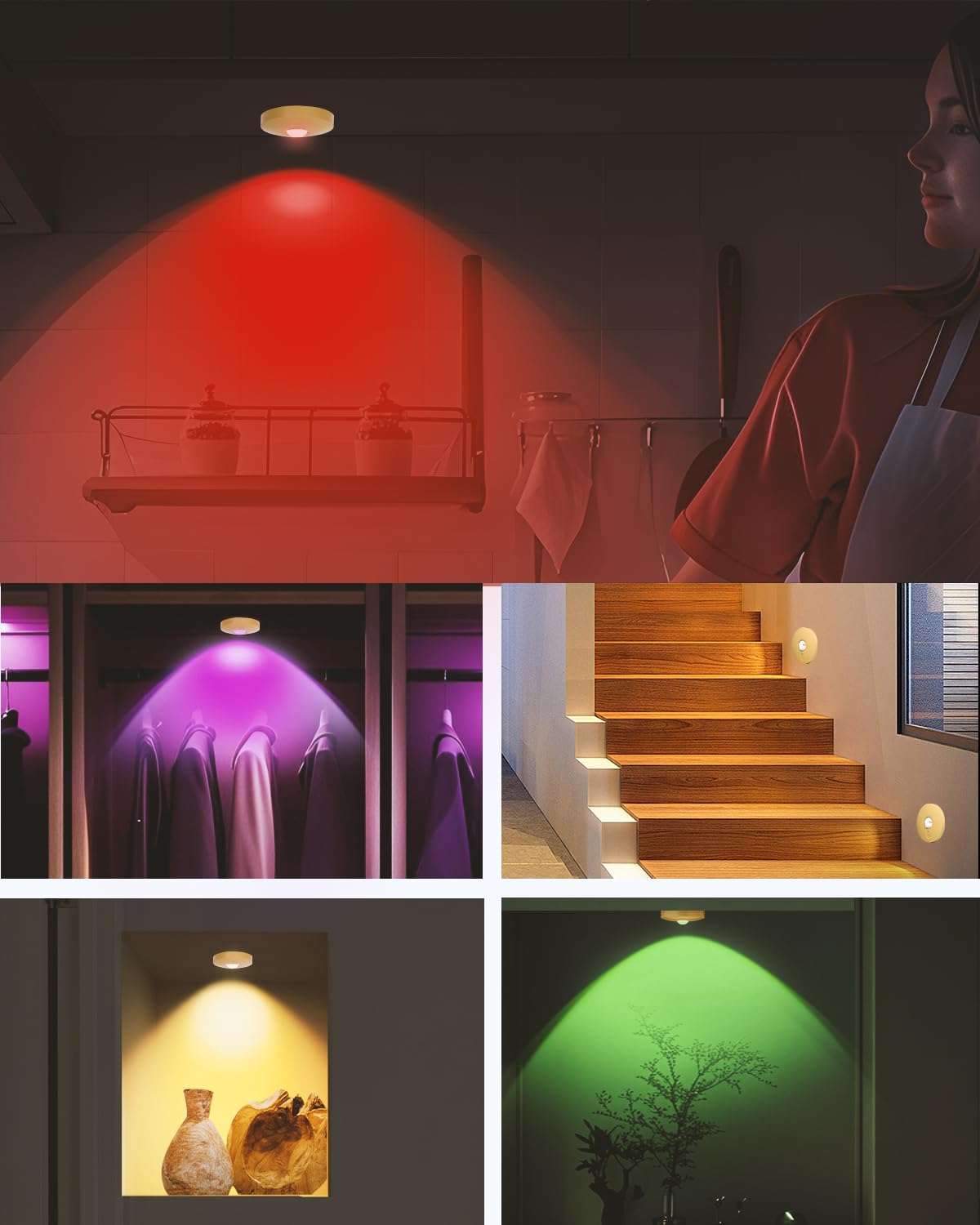 Aokpsrt Rechargeable RGB Puck Lights, Dimmable & Timer, 3 Packs, Gold, Battery Operated, Remote Control, Plastic