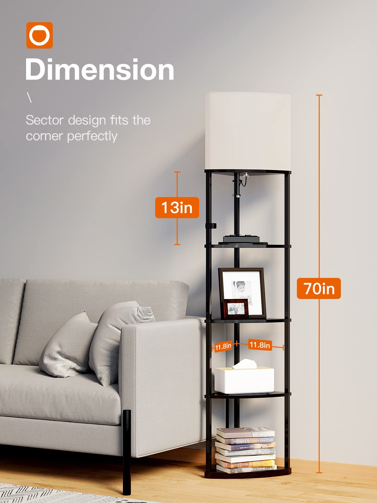 addlon 5-Tier Corner Shelf Floor Lamp, USB Port, 3CCT LED Bulb, 70Inch, Black, Model FLAD007