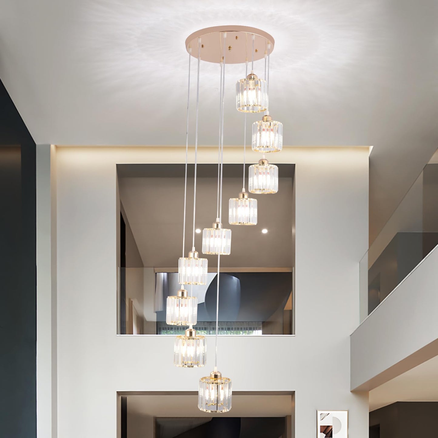 Cainjiazh High Ceilings Long Chandeliers Modern Crystal Pendant Light Raindrop Drop Lamp Hanging Chandeliers Flush Mount Lighting Fixtures For Staircase Foyer Entryway Gold 9 Lights