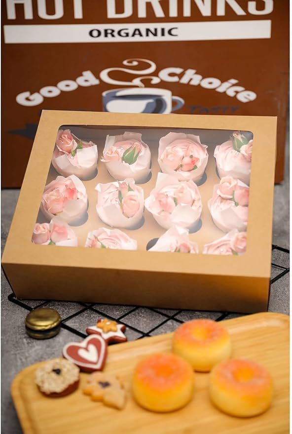 Bakepacker 12 Cupcake Containers 20-Packs Brown 12 Count Cupcake Boxes with Window Cupcakes Carrier, 13"x10"x3.5"(Auto-pop up)
