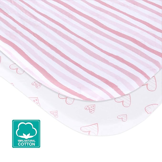 Bassinet Sheets Compatible with Semphis 3 in 1 Bedside Bassinet and Arm's Reach Co-Sleeper Bassinet, 2 Pack, 100% Cotton Fitted Sheets, Pink Stripes and Hearts Print for Baby