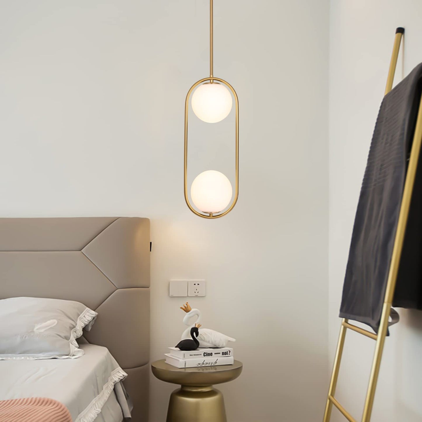 SeeU Modern Pendant Light Fixture, 2 Light, Metal, Gold, Globe Glass Lampshade, Model SeeU-MPL-v1