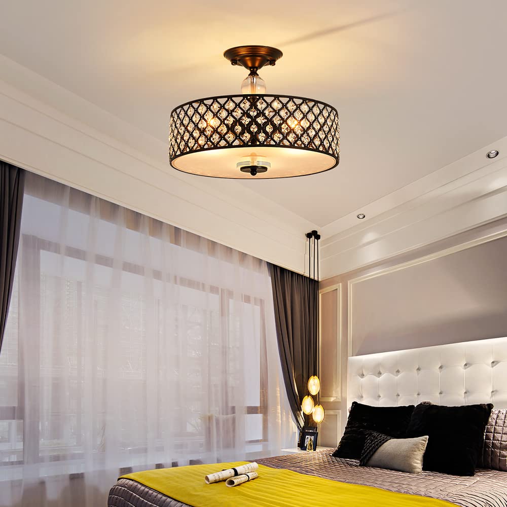 Saint Mossi Semi Flush Mount Ceiling Chandelier Modern K9 Crystal Ceiling Light Fixture For Dining Room Livingroom Bedroom H11 X D15.4 Matte Black Finish