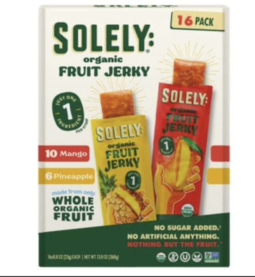 Solely Organic Fruit Jerky Flavors Variety 16 Strips No Sugar Added 13 oz. 10 Mango 6 Pineapple strips