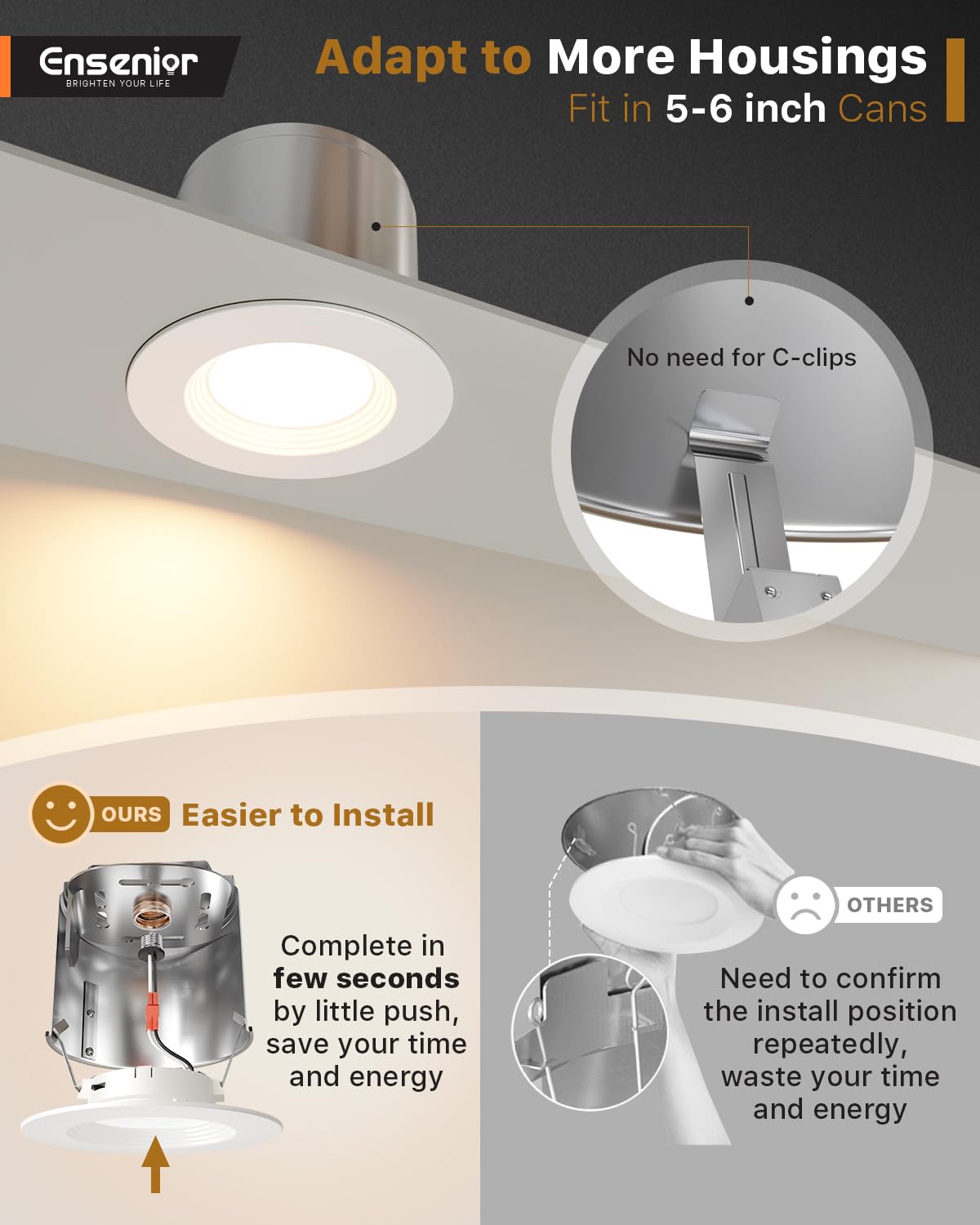 Ensenior 5/6 Inch 5CCT LED Can Lights 6 Pack, Retrofit Led Recessed Lighting, Baffle Trim, Dimmable, 9W=110W, 1000LM, 2700K/3000K/3500K/4000K/5000K Selectable, IC Rated - FCC Certified