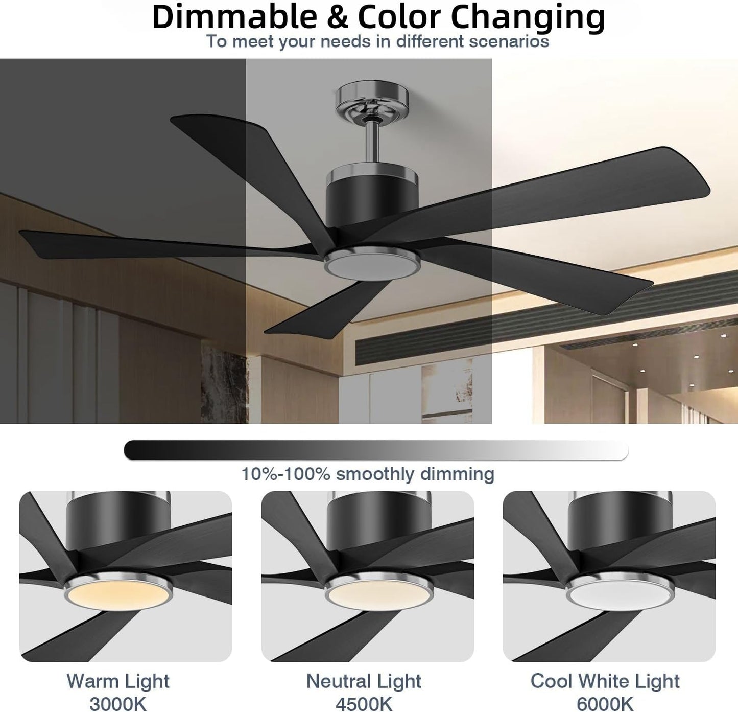 TXCSLY 52in Ceiling Fan with Lights, Remote Control, Metal, Black, Model HYF-CF-52