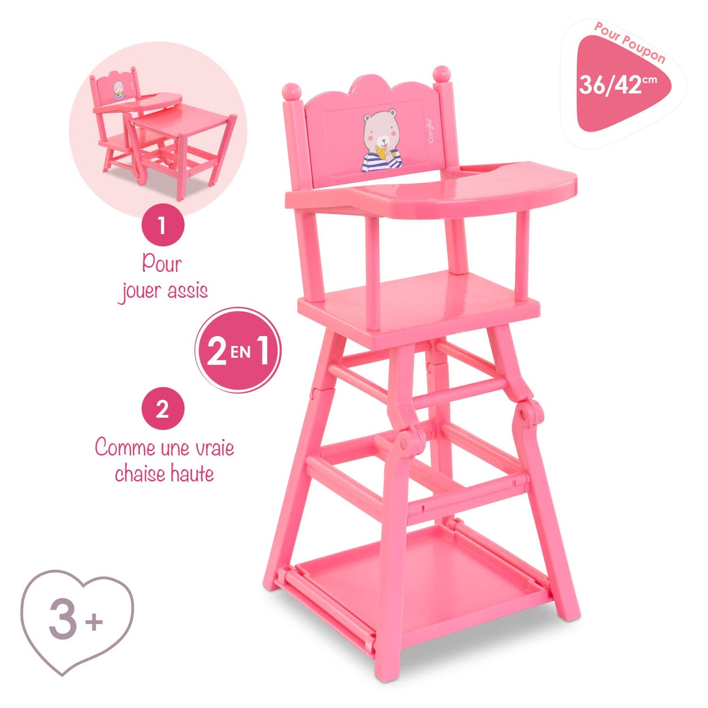 Corolle Baby Doll High Chair - 2-in-1 Design fits 14" and 17" Baby Dolls, Pink