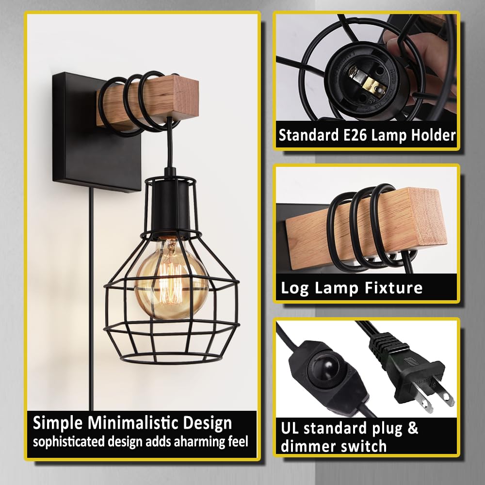 Lightess Plug-In Wall Sconces Set of 2, Dimmable, Metal, Black, Industrial Design, Model LG9951511