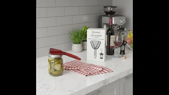 Jar Opener for Weak Hand & Seniors with Arthritis BY HPBIZ With Wine&Bottale Opener (RED)