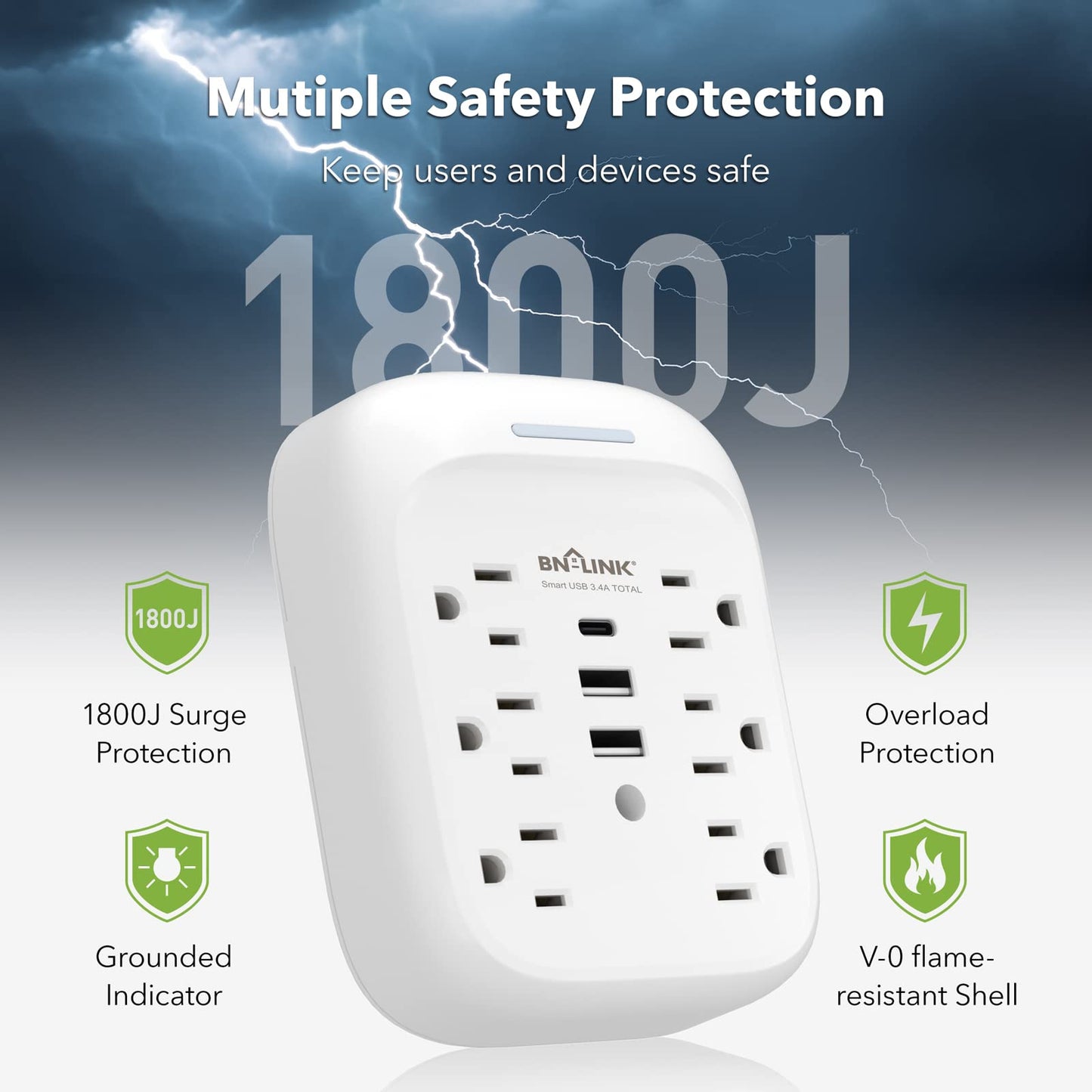 Bn-Link Surge Protector Usb Wall 6 Outlet Extender With 3 Usb Ports (Usb C), Multi Plug Outlet Expander, Electrical Splitter For