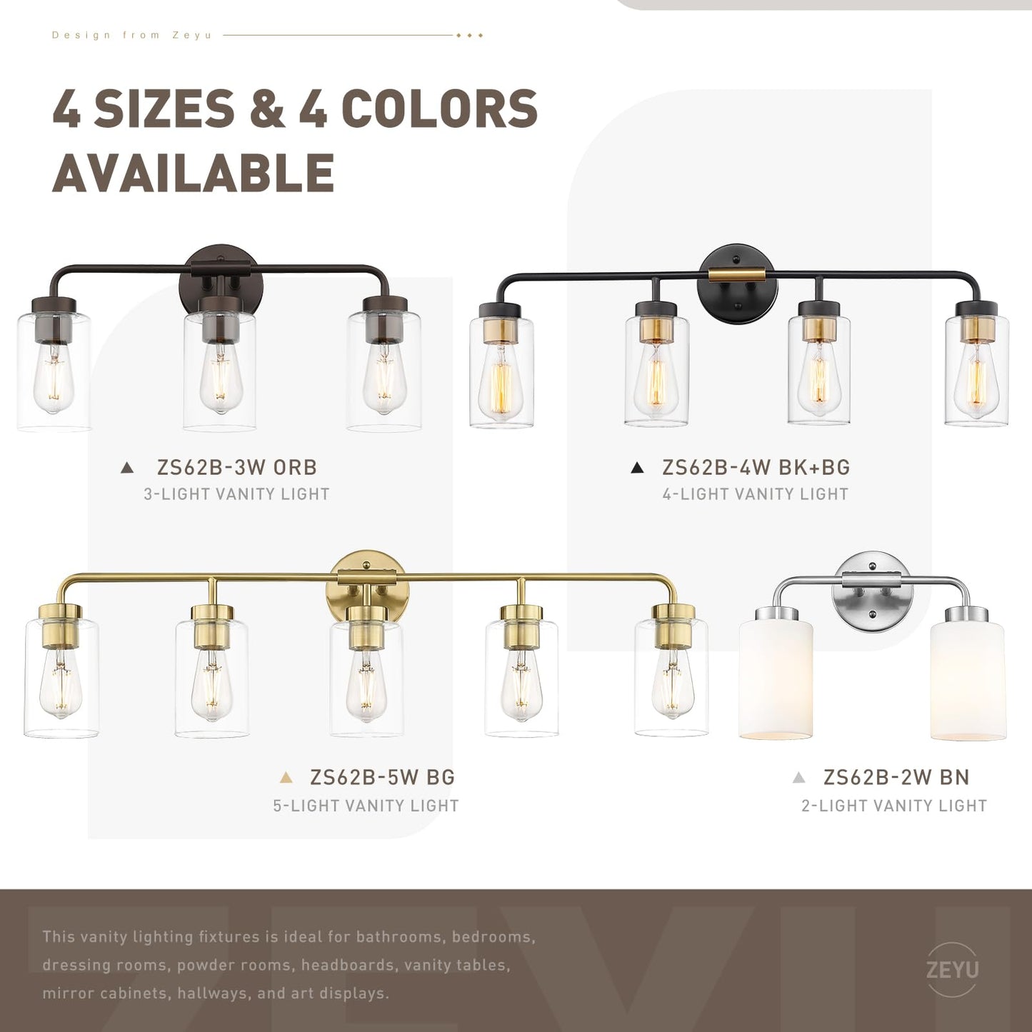 Zeyu 3-Light Vanity Lighting Fixtures Modern Vanity Lighting Fixtures Over Mirror With Cylinder Clear Glass Shade Brushed Gold Finish Zs62B-3W Bg
