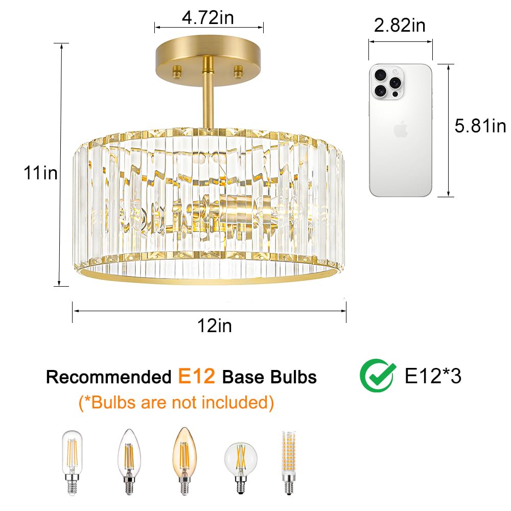 Lxybcce Modern Crystal Ceiling Light Brushed Gold Semi Flush Mount Ceiling Lighting Fixture Brass Hallway Light Fixtures Chandelier For Kitchen Bedroom Dining Room Hallway Closet 3-Light 12 Inch