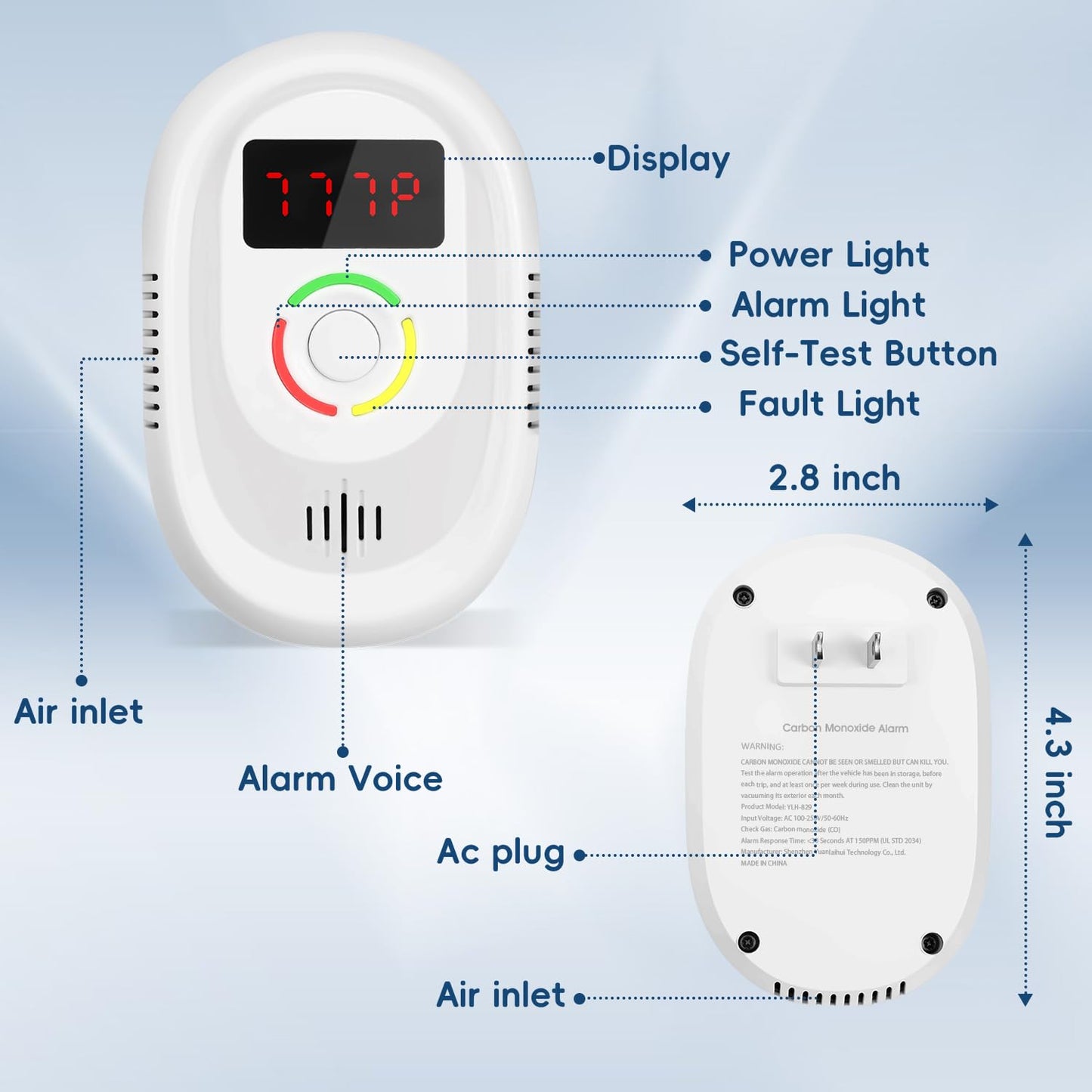 Carbon Monoxide Detectors Plug in Wall ,CO Detector 100-250V AC Power Operated,Portable Travel Carbon Monoxide Alarm with LCD Display Sound Light Warning for Home/Hotel/RV
