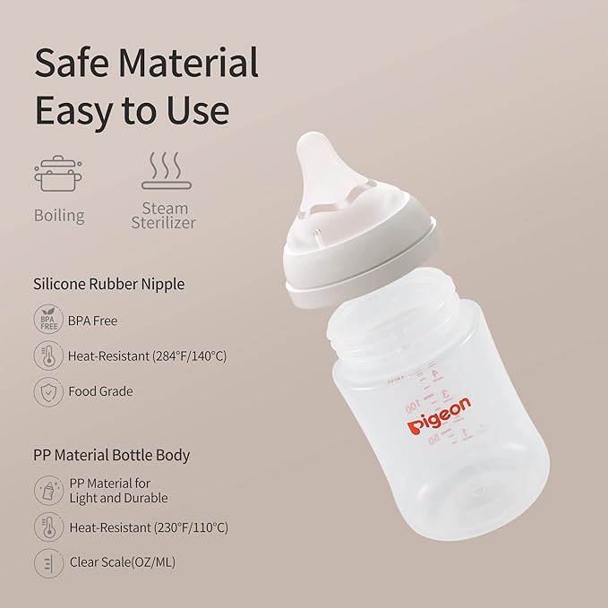 Pigeon PP Nursing Bottle Wide Neck, Anti-Colic, Streamlined Body, Natural Feel, Easy to Clean, 5.4 Oz (Pack of 4), Includes 4pcs SS Nipples (0m+)