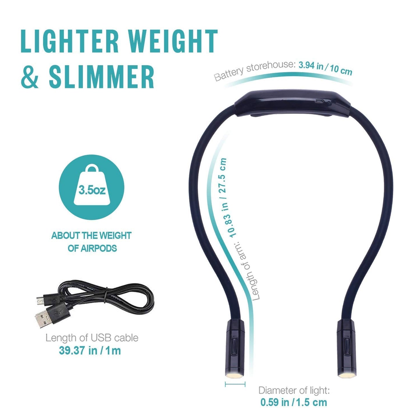 Vekkia Lightweight Neck Reading Light - 9 Brightness Levels, Rechargeable, Portable, Black