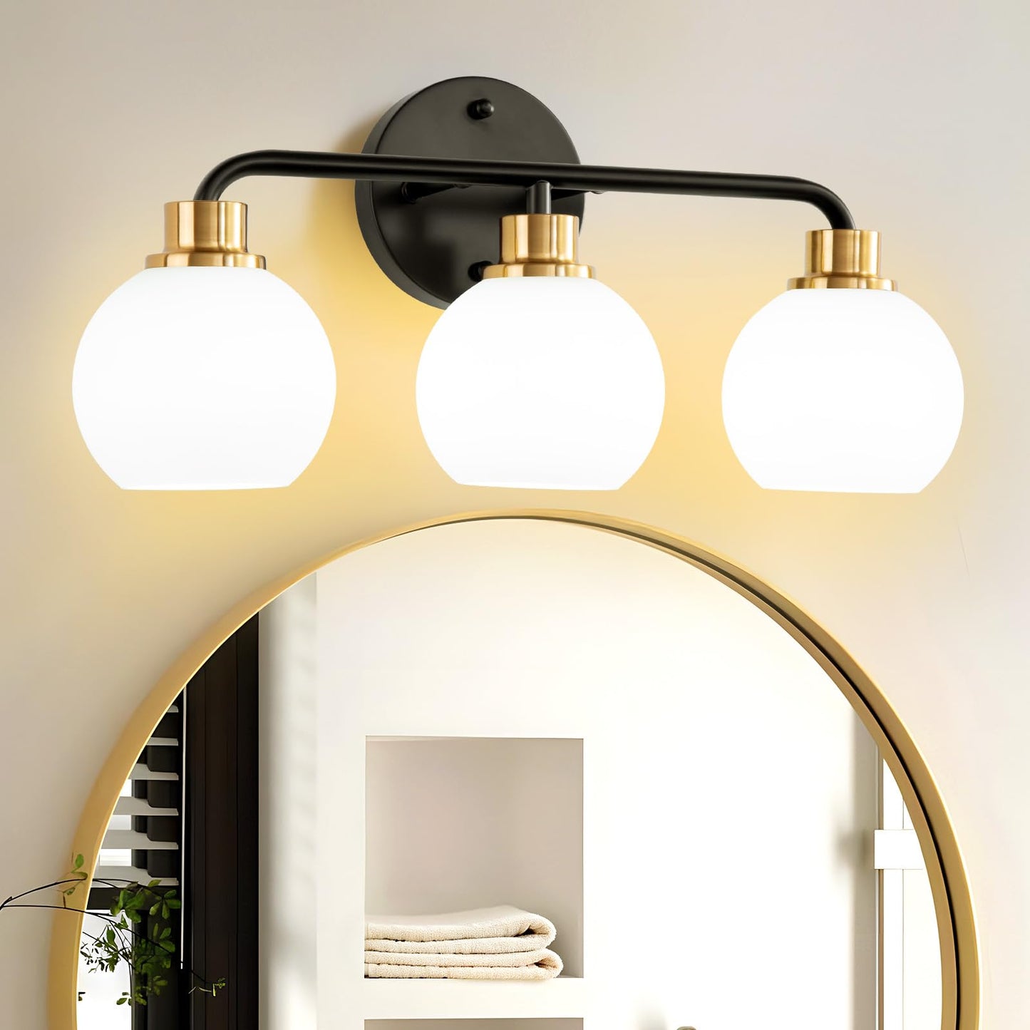 3 Light Bathroom Vanity Light, Black and Gold Bathroom Light Fixtures with Milk Glass Shade Modern Wall Sconces Lighting Bath Wa