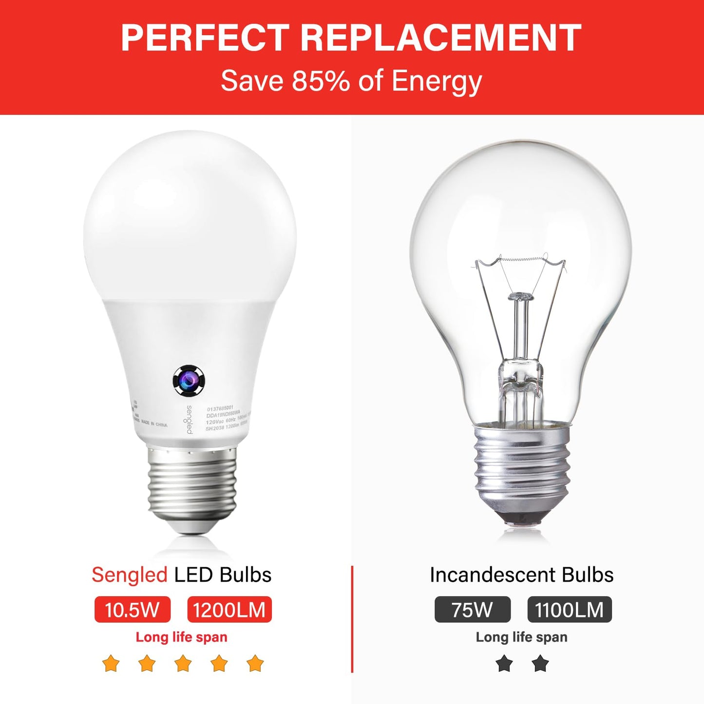 Sengled A19 LED Light Bulbs, 10.5W (75W Eqv.), 1200 Lumens, Warm White, E26 Base, Pack of 6, Model