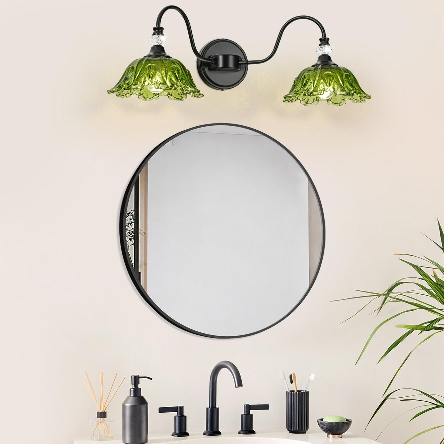 Sunkryster Black Bathroom Vanity Light 2-Light Vanity Light With Floral Green Glass Shades Vintage Farmhouse Wall Mount Lighting For Bathroom Dressing Table