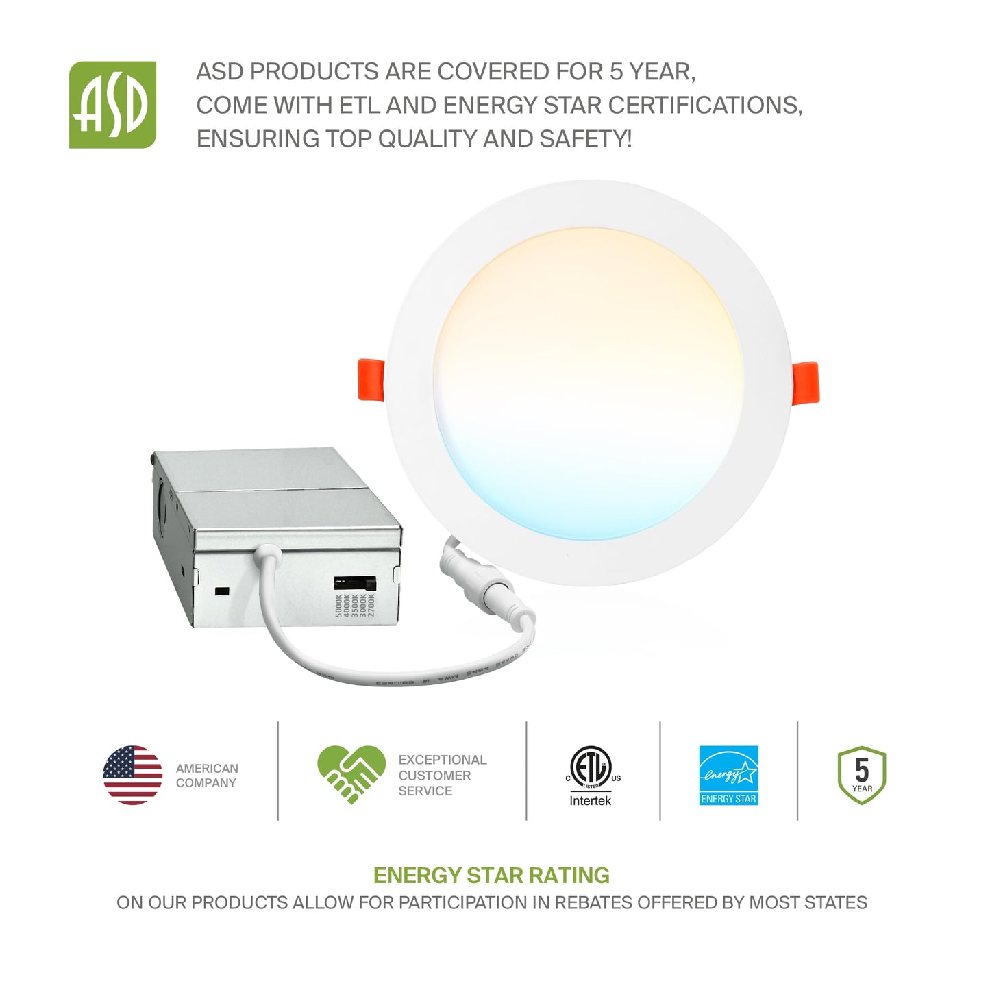 Asd 6 Pack Led Recessed Lighting 6 Inch 15W 5 Cct 2700K-5000K Cri90+ Ic Rated Ultra Thin Dimmable Ceiling Lights With J Box Canless Wafer Downlight Round Slim Panel Light Energy Star Etl White