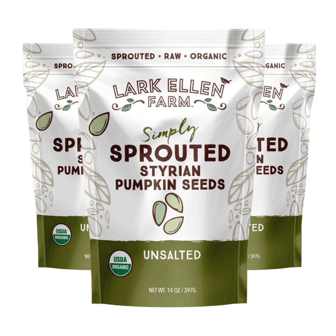 Lark Ellen Farm Sprouted Organic Pumpkin Seeds Unsalted Raw Pumpkin Seeds Organic Pepitas Vegan Non GMO Gluten Free Paleo and Keto Friendly (14 oz 3 Pack)