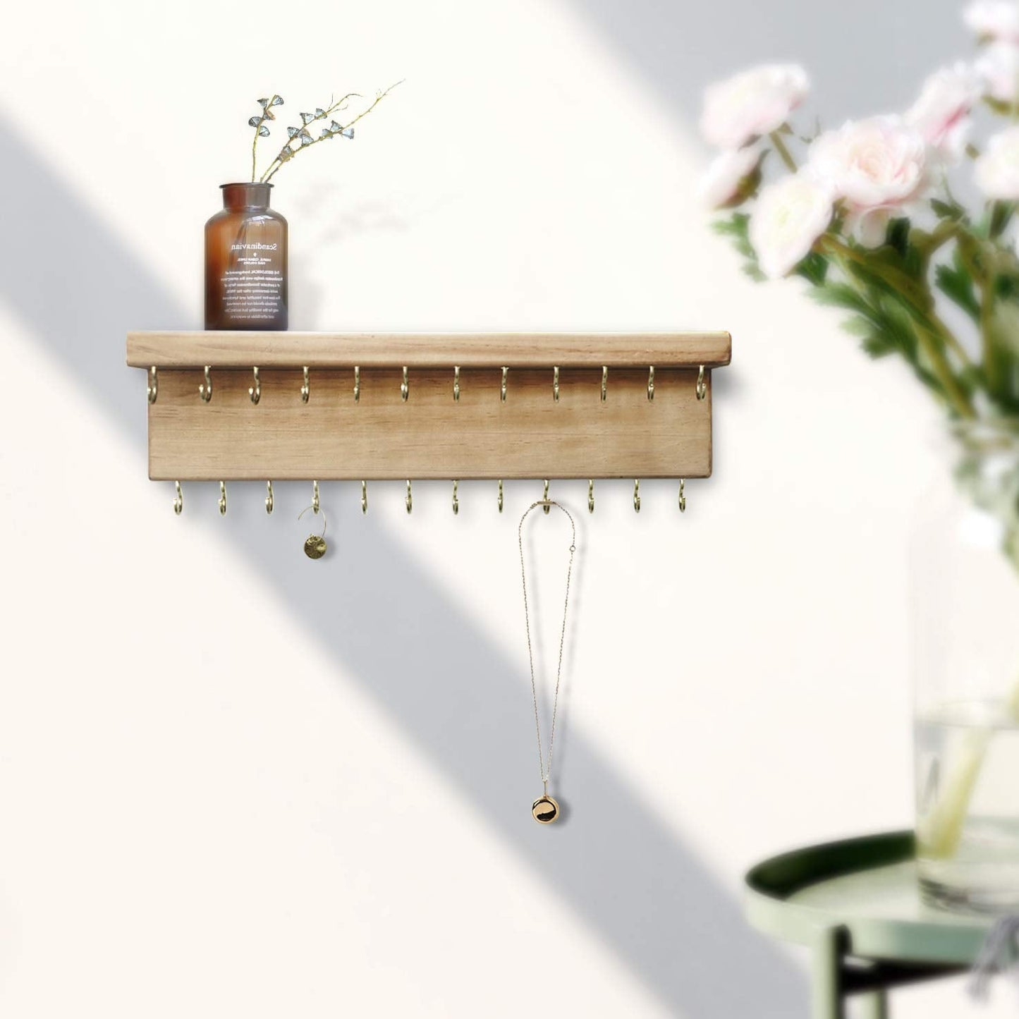 SANY DAYO HOME Jewelry Organizer with 24 Hooks and Cosmetics Shelf, 12 x 3 x 4 inches Wall Mounted Rustic Pine Wood Holder for N