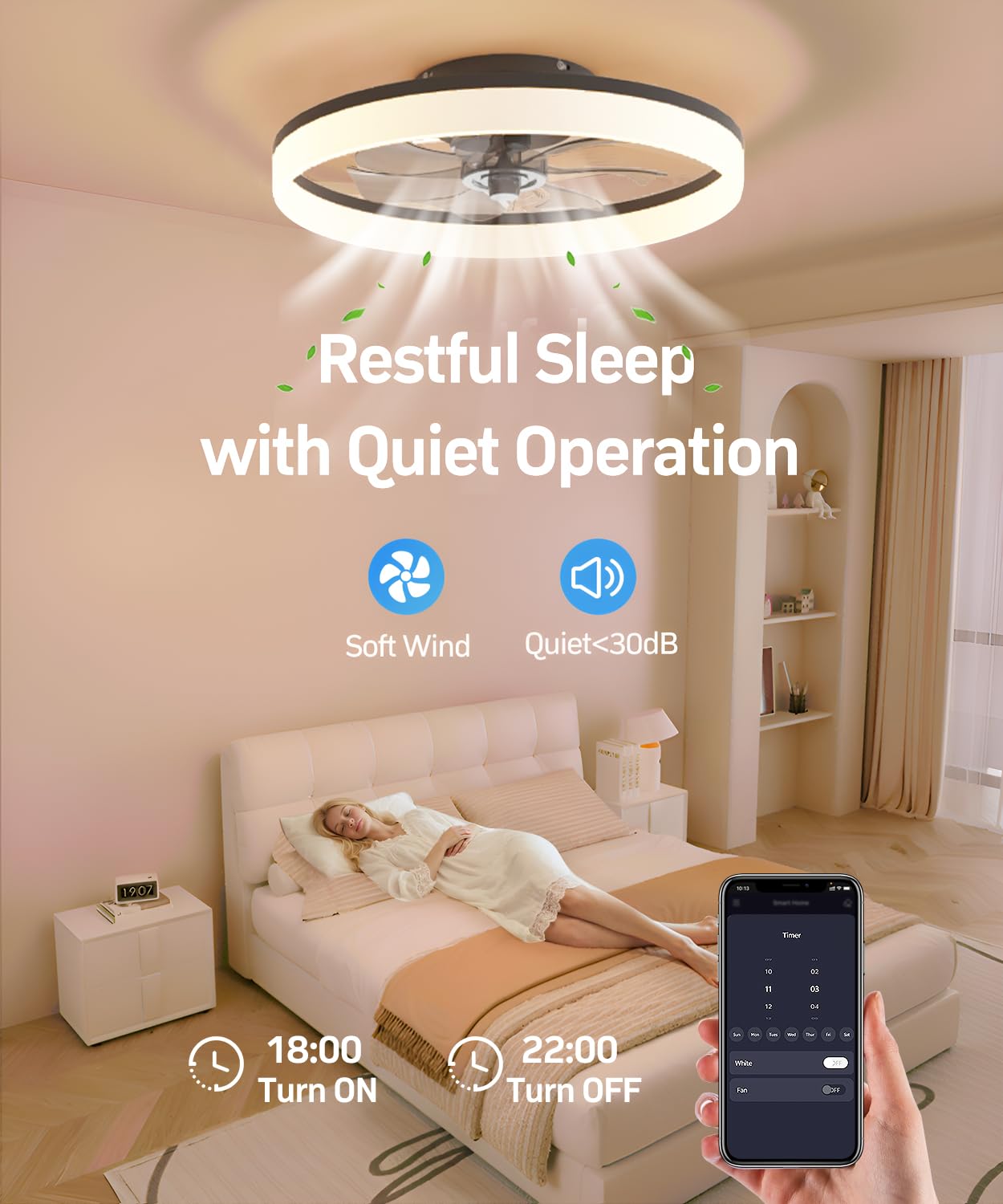 AQUBT Smart Ceiling Fan with Light, 20in Low Profile, 6-Speed, Dimmable LED, Alexa/APP Control, Black, Model 1138-Bwifi