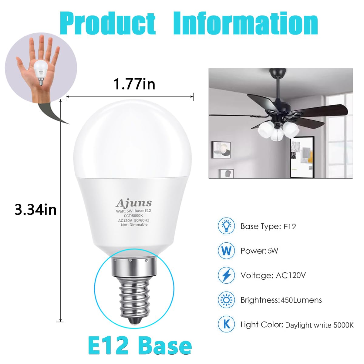 Ajuns E12 LED Bulbs, Daylight 5000K, 40W Equivalent, 450 Lumen, 6 Pack, Plastic, Non-Dimmable, A15 Model