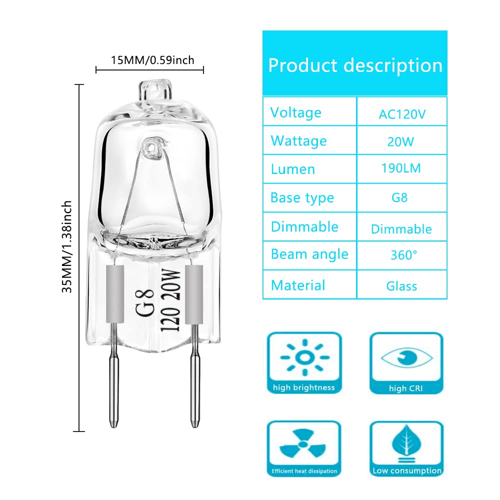 AHEVO G8 Dimmable Halogen Light Bulbs 20W 120V, Warm White, Glass, 10 Pack