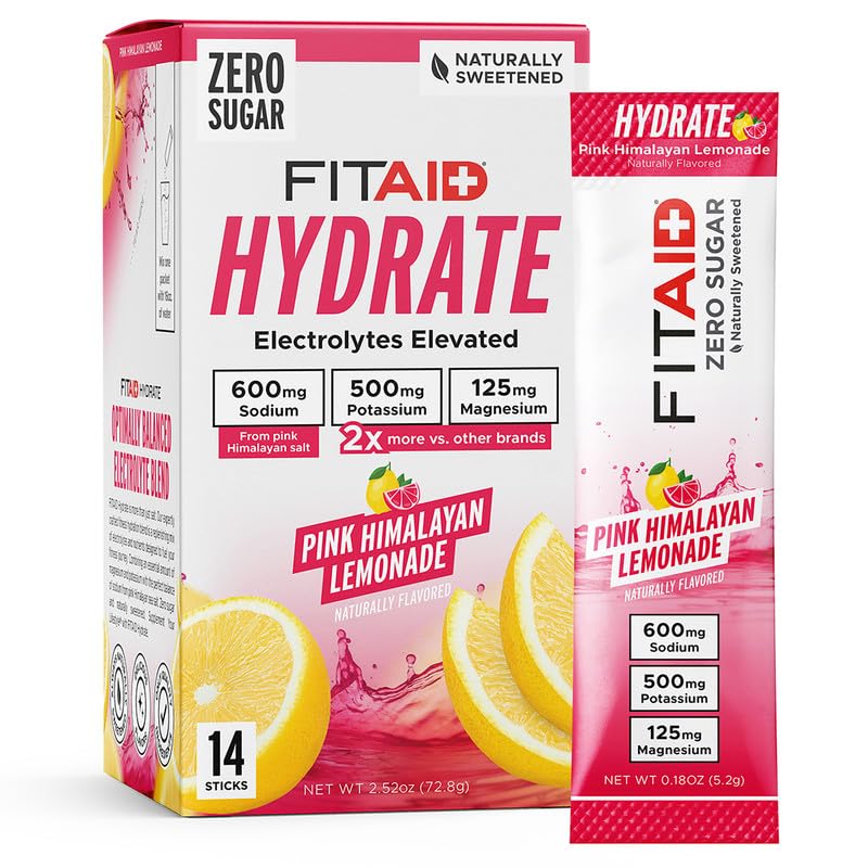 FITAID Hydrate Clean Electrolyte Mix Zero Sugar Balanced Electrolyte Ratios: 600mg Sodium 500mg Potassium 125mg Magnesium Pink Lemonade for Exercise & Active Hydration 14 Sticks
