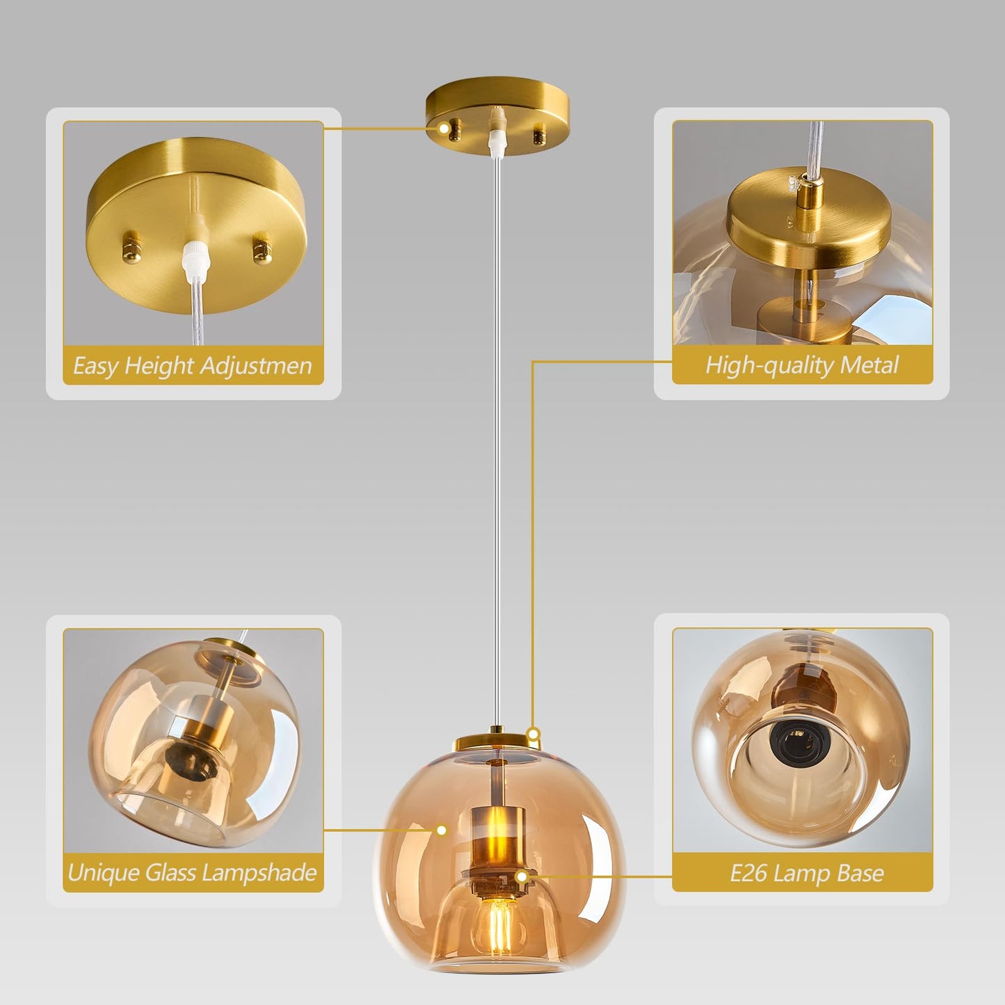 Lbsqj Amber Glass Pendant Lights Kitchen Island Gold Hanging Light Fixture Glass Globe Pendant Light Modern Pendant Lighting For Kitchen Island Bedroom Dining Room (7.87 1 Pack)