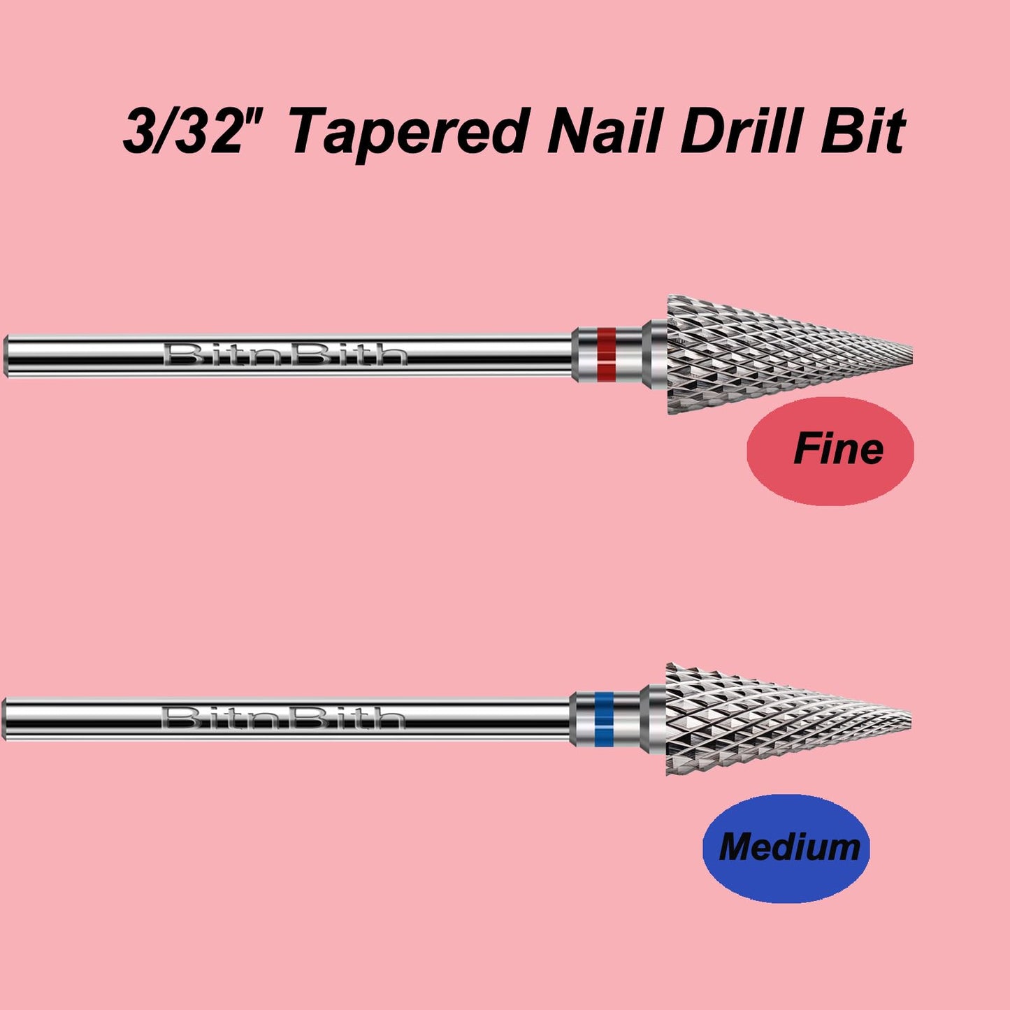 BITNBITH 3pcs Nail Drill Bits Safety 3/32 Professional Acrylic Nail Carbide Tapered Nib Bit for Cuticle Dead Skin Remover,Mult