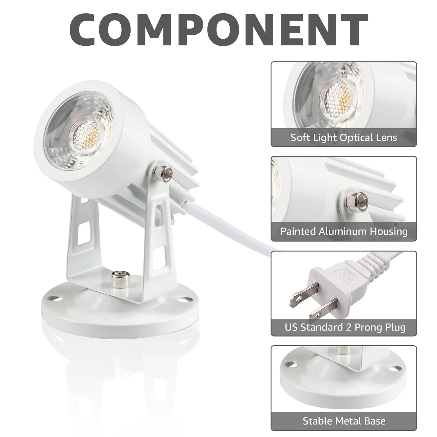 SUNVIE LED Spot Lights 2 Pack for Indoor Plants, Warm White, Aluminum, 5.9 FT Cord with Foot Switch, White Base and Stake Included