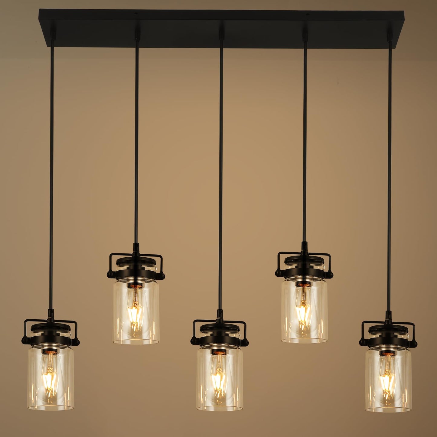 foucasal Pendant Lighting for Kitchen Island, Dining Room Light Fixture Black, 5-Light Hanging Linear Chandeliers with Clear Gla