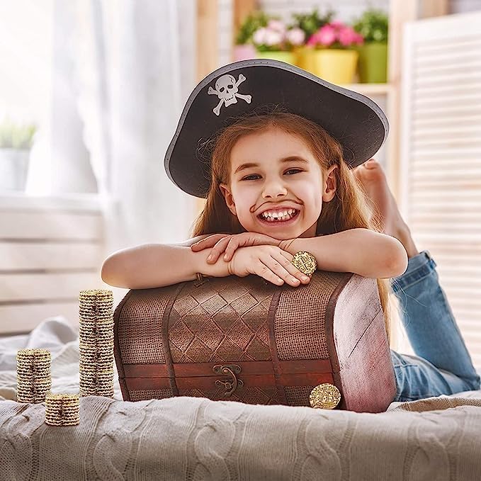 Large Metal Pirate Coins - 35 Rose Gold Treasure Coin Set, Metal Replica Spanish Doubloons for Pirate Party Decorations & Favors, Tokens, Toys, Cosplay - Pirate Treasure Chest - Size 0,98"