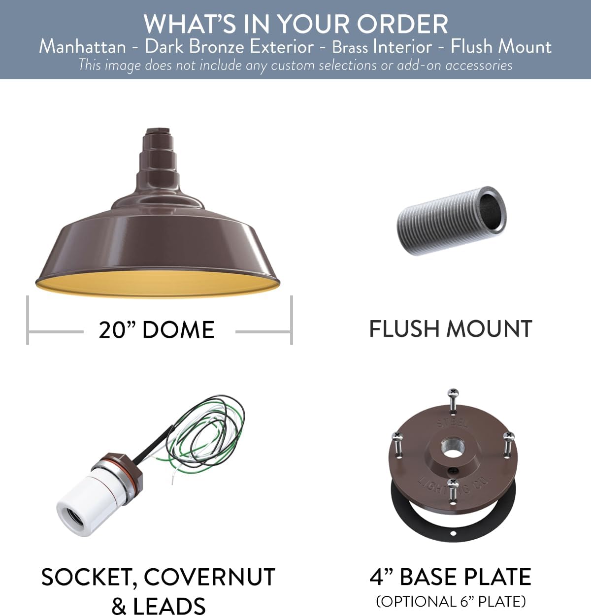 Steel Lighting Co. Manhattan Warehouse Light | Ceiling Mounted Pendant | 20 inch Dome | Flush Mount | Large Steel Barn Light Made in America | Dark Bronze Exterior/Brass Interior