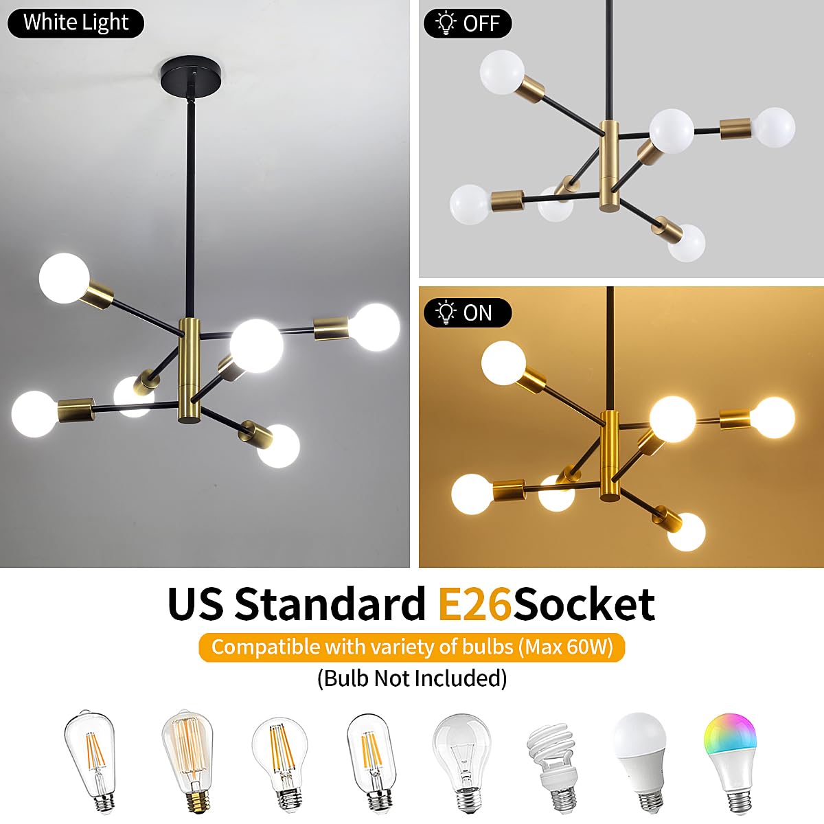ZSMIHDOH Modern Chandelier, 6-Light Black & Gold Sputnik Light Fixture, Metal, Model Huazhi-68T for Dining Room, Living Room, Kitchen