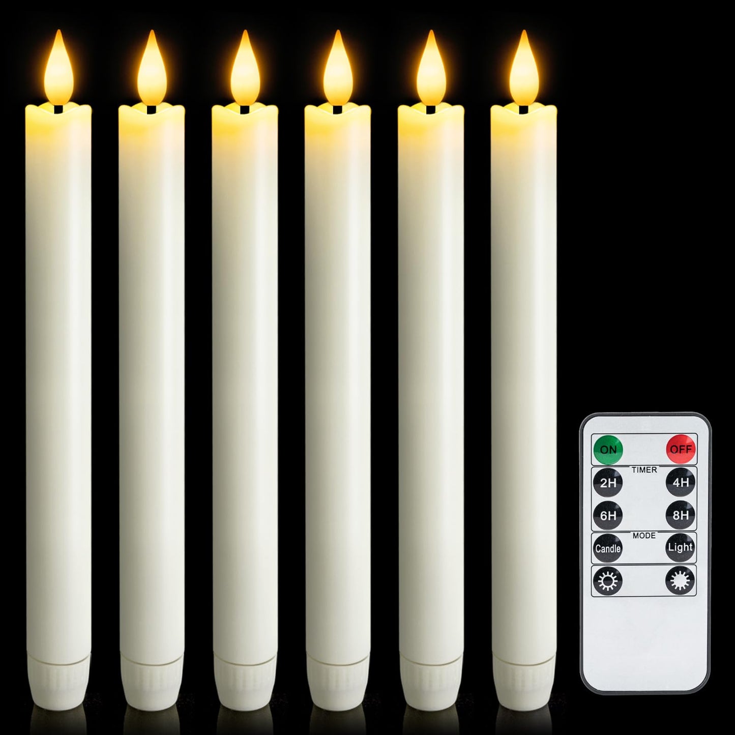 Meigic 6 Pcs Flameless Taper Candles with Remote Timer, Battery Operated Window Candles, 9.6 inches White Plastic LED Candlestic