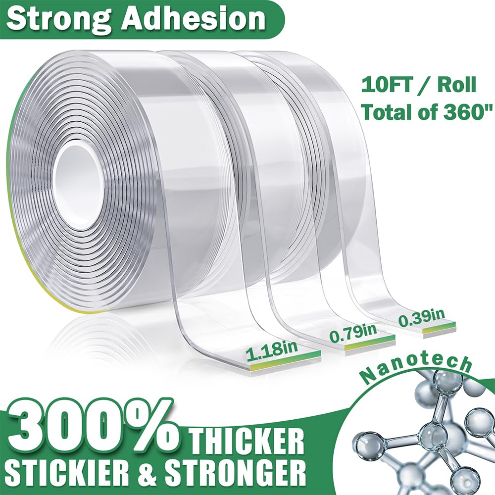 3 Rolls Double Sided Tape Heavy Duty - Total 30FT, Extra Strong Nano Tape Adhesive Strips Filament Tape, Clear Mounting Tape Removable Two Sided Adhesive Tape for Walls, Posters, Rug, Picture Hanging