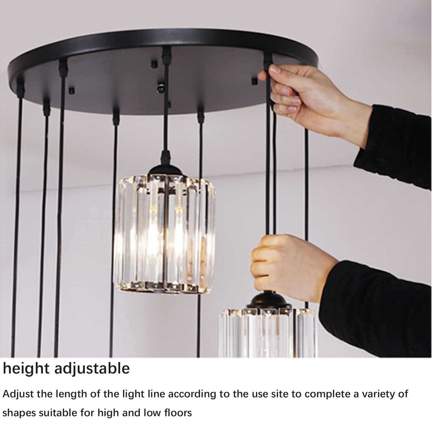 Meimond Long Chandeliers For High Ceilings Modern Crystal Pendant Light Raindrop Drop Lamp Hanging Flush Mount Lighting Fixtures For Spiral Staircase Foyer Entryway Living Room Black (18 Lights)