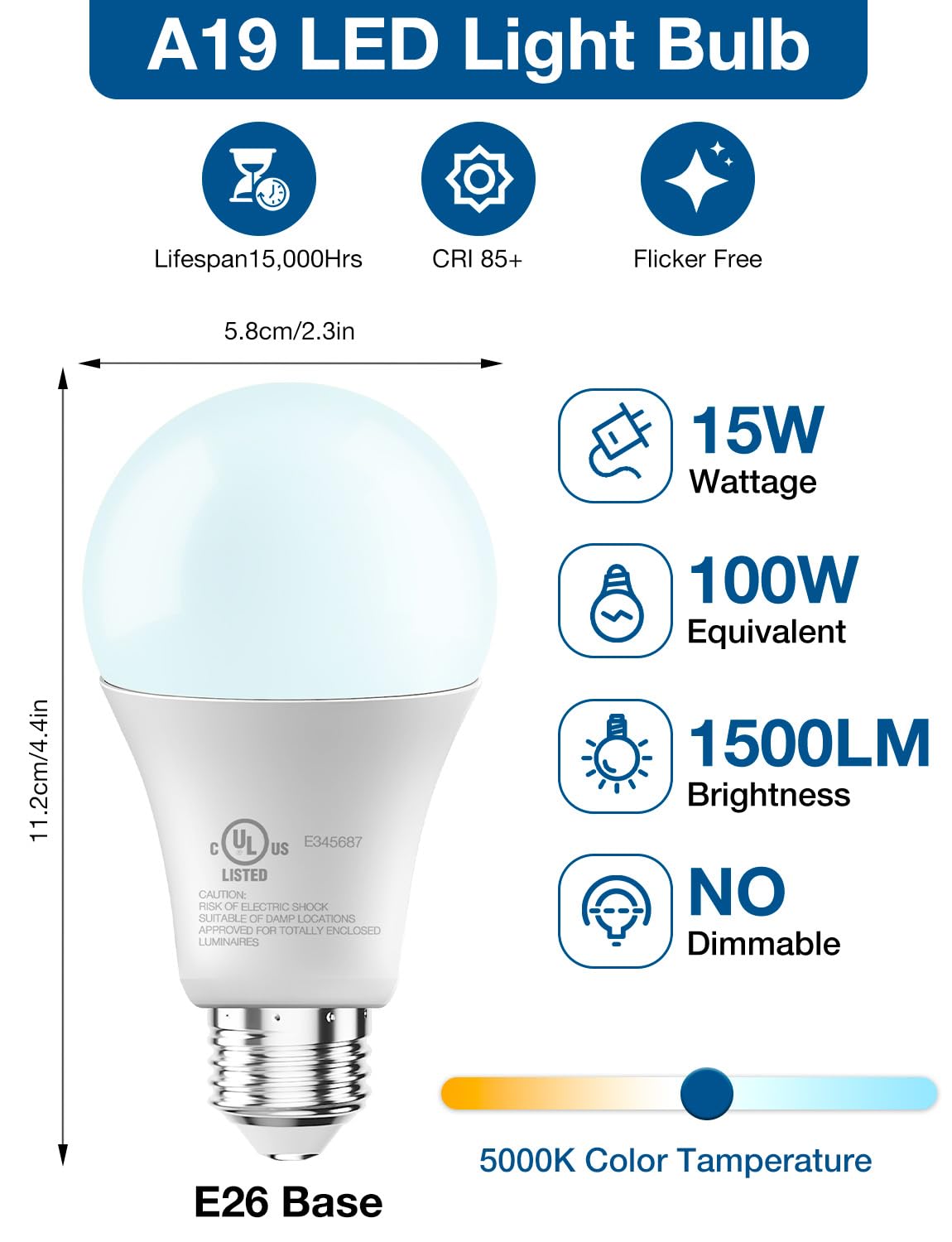 DAYBETTER LED Light Bulbs, A19 5000K Daylight Light Bulbs 100 Watt Equivalent, 1500LM Bright White Light Bulbs, E26 Standard Base, Non-Dimmable, 15 Watt Lightbulbs for Home Office, 12 Pack