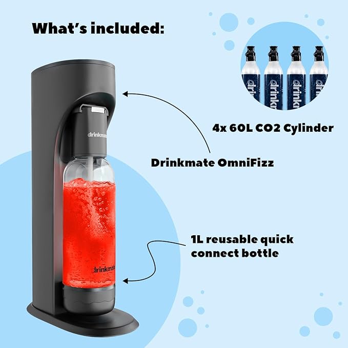 Drinkmate OmniFizz Sparkling Beverage Maker CO2 Bundle - Sparkling Water/Soda Streaming Machine That Carbonates Any Drink - Includes 4 CO2 Cylinders,1 Carbonation Bottle,1 Fizz Infuser - Classic White