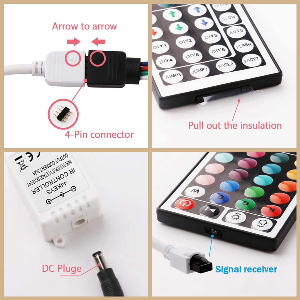 SNKIZN Wireless IR Remote Controller for RGB LED Strip Lights, 44 Key, Includes Rectifier Control Box & Power Supply Adapter, Multicolor