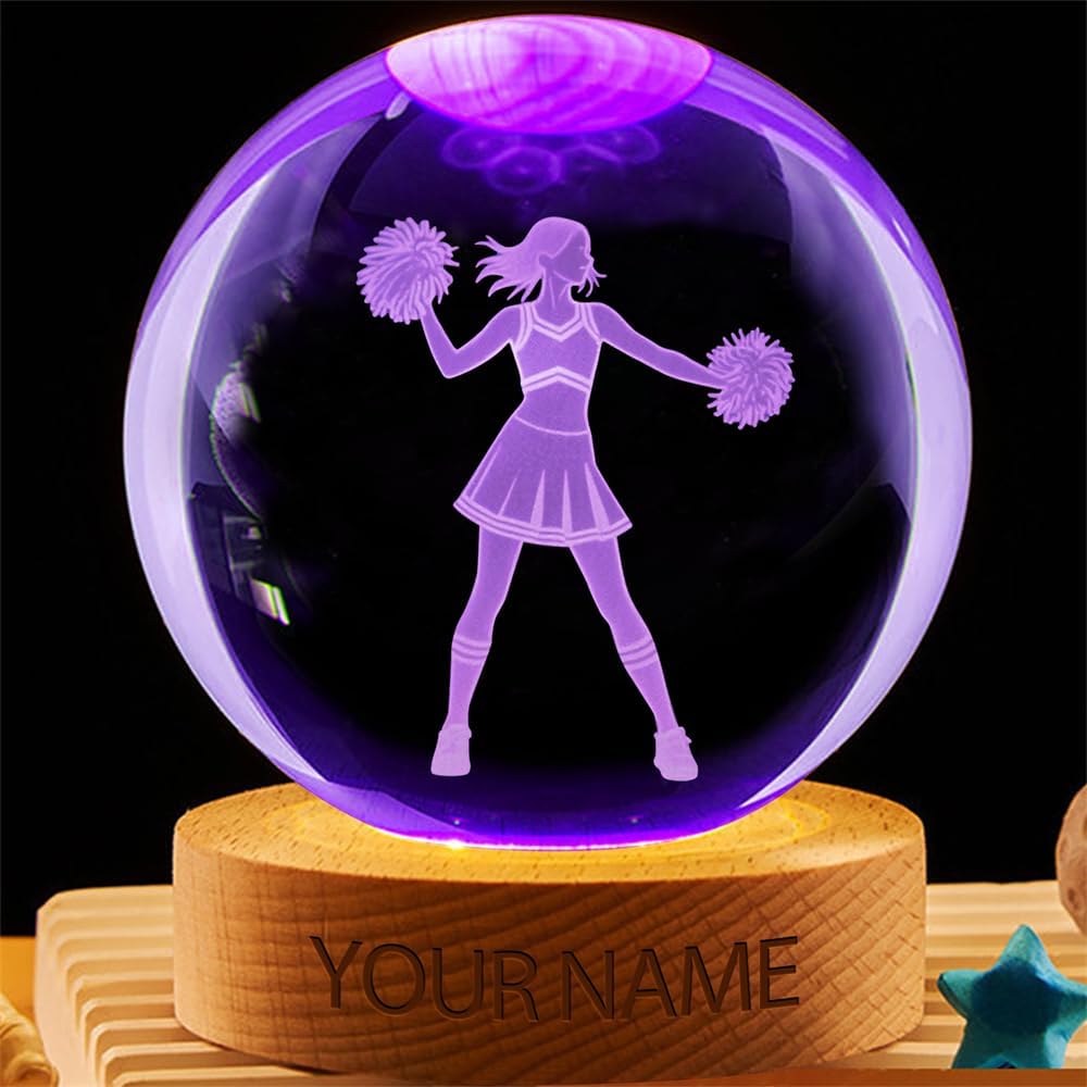 Personalized Cheerleader Crystal Night Light Gift for Women, Custom Name/Number Cheerleader 3D Crystal Ball Night Light Lamp for Bedroom Room Dance Decor Party Bar Christmas Birthday Gift