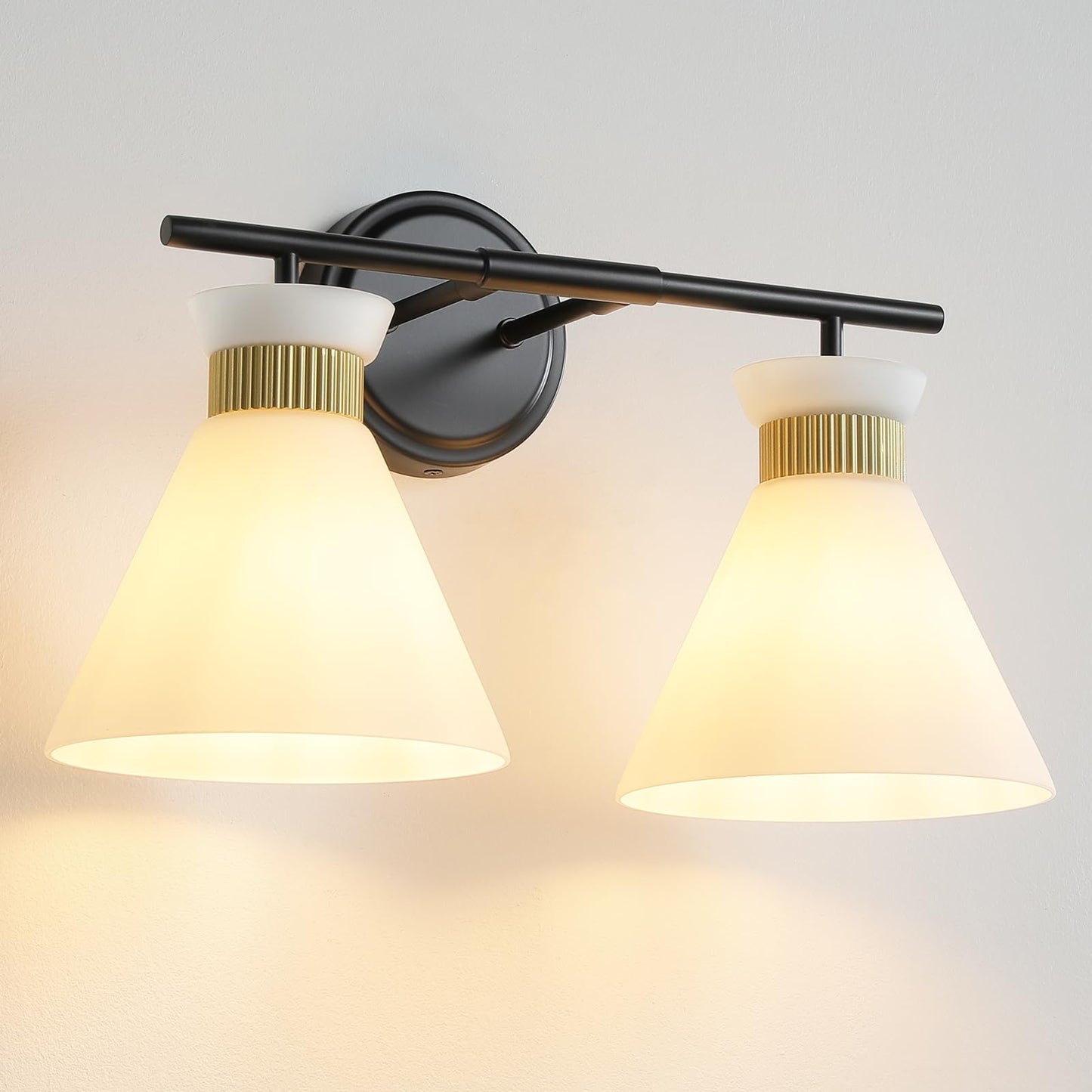 WOSHITU 2-Light Bathroom Vanity Light Fixtures - Mid Century Modern Black & Gold Wall Sconce with Frosted Glass - Model 8090ML-02BG-US