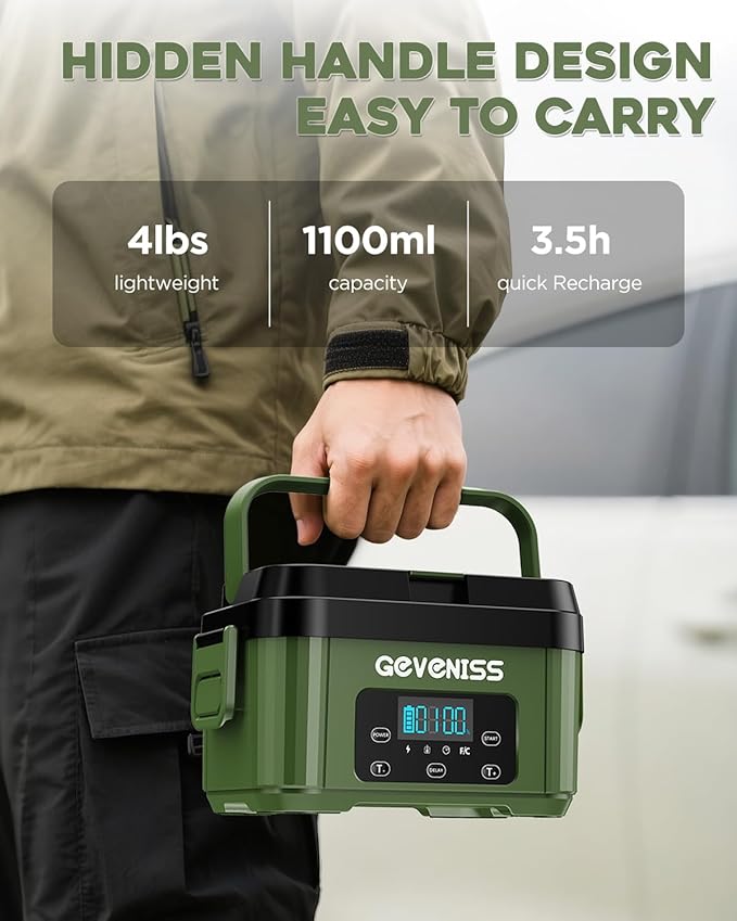Cordless Electric Lunch Box for Adults – Battery-Powered Heated Lunch Box Food Warmer with 1.1L Stainless Steel Container, Timer Function, Leakproof, Portable for Work, Travel, Office