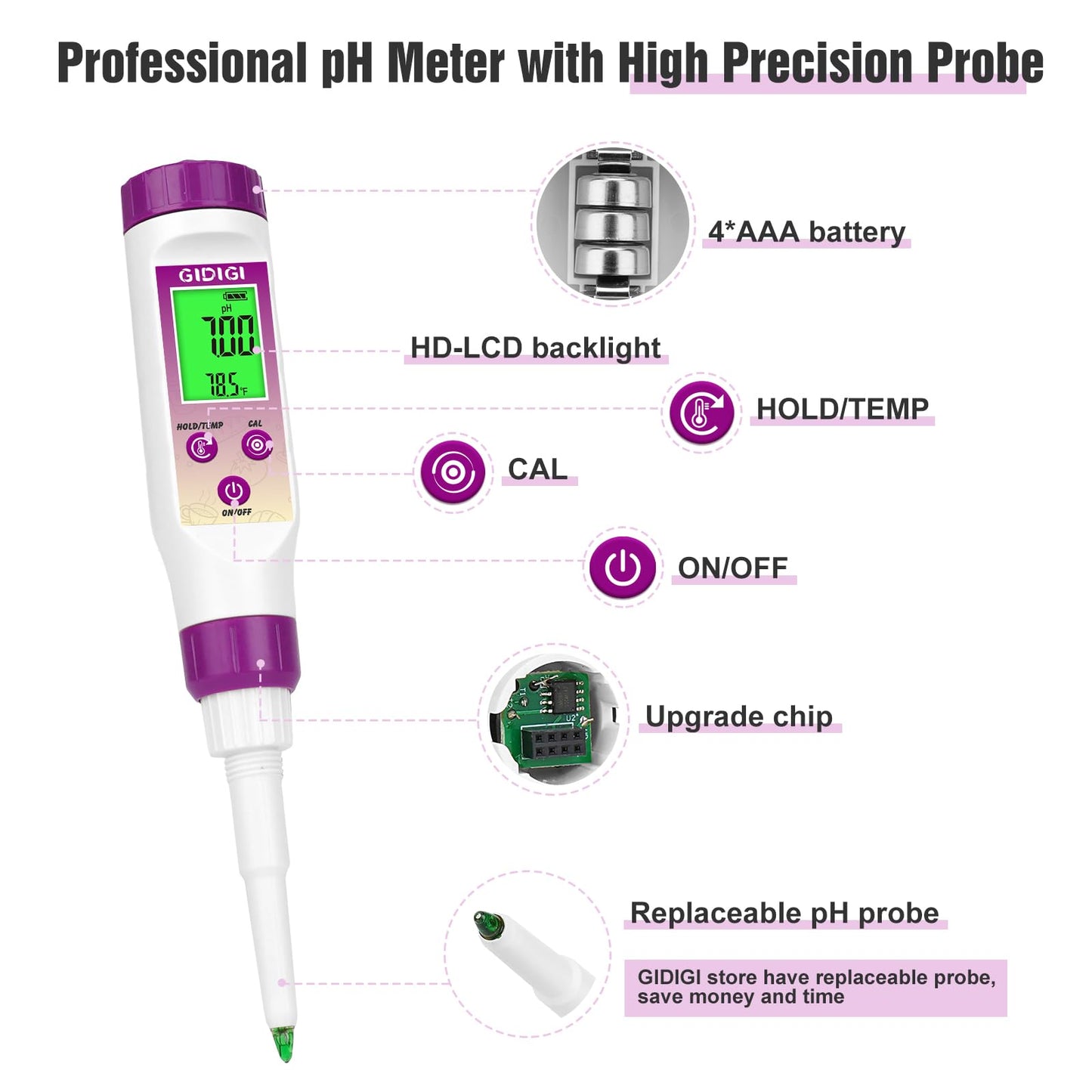 GIDIGI pH Meter Food Digital Electronic pH Tester for Fermentation 3*50ml pH Buffer Calibration Solution Kits Hot Sauce Food Tester Probe for Cheese Sourdough pH Temperature pH Test Strips for Acidity