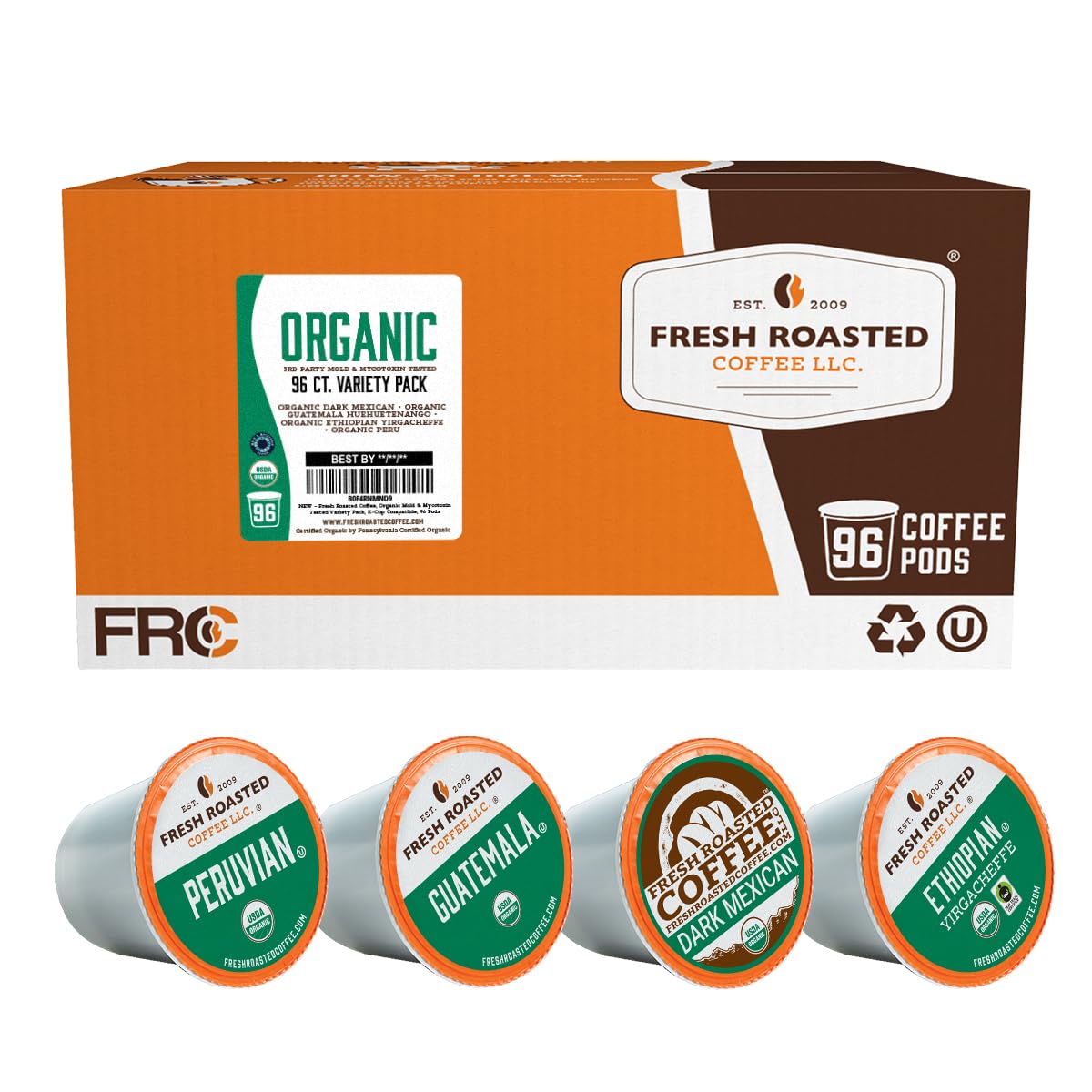Fresh Roasted Coffee Organic Mold & Mycotoxin 3rd Party Tested Variety Pack | USDA Organic Kosher | K-Cup Compatible 96 Pods