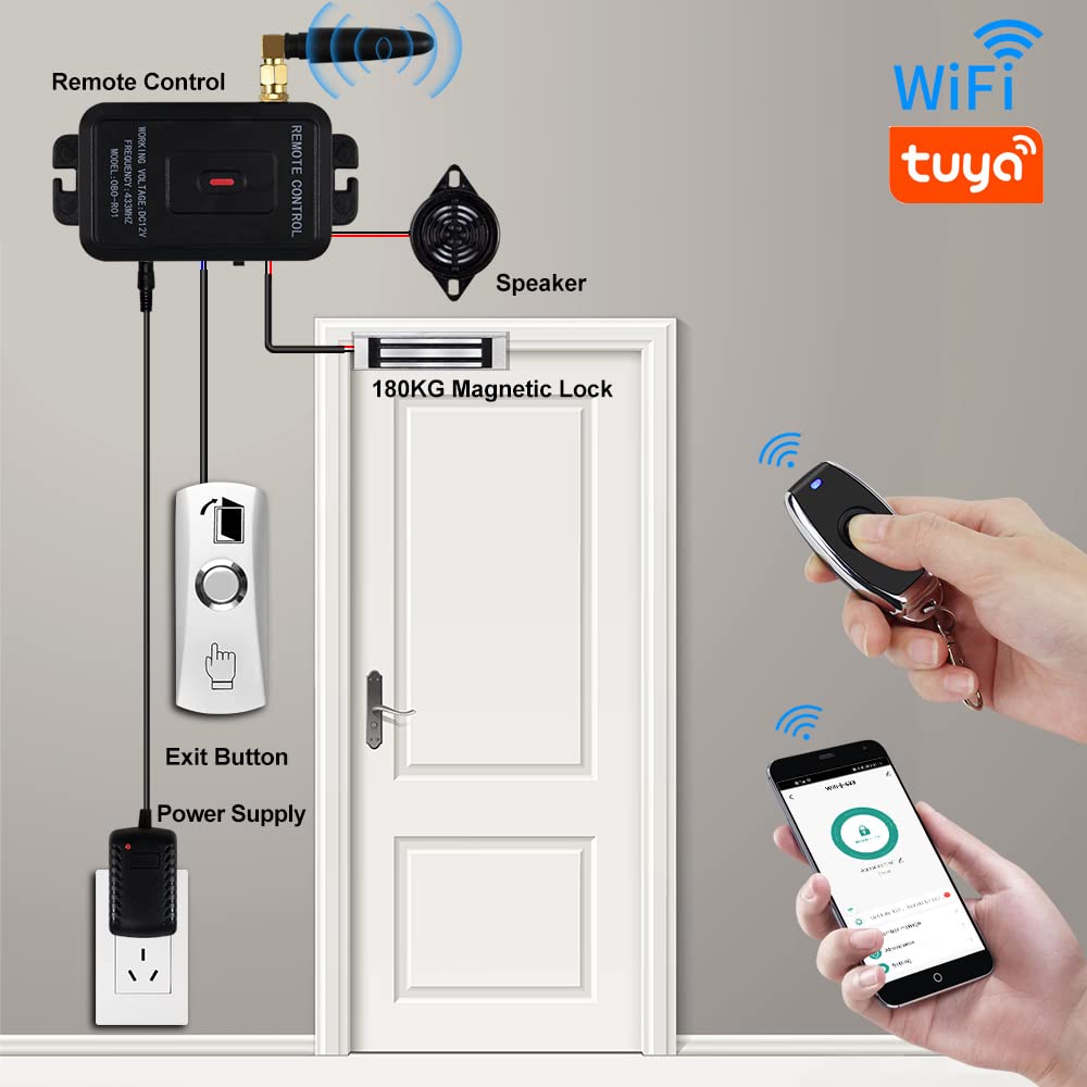 jasugKEY Premium Smart APP Unlocking Access Control System Kit, Simplified Wiring Door Lock Set, with Remote Controllers / 617lbs Magnetic Lock/DC 12V Power Adapter, Lock Delay Time Adjustable